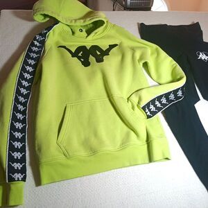 Kappa Neon Yellow Sweatshirt Hoodie & Black Leggings Set Sz Small Upside Down